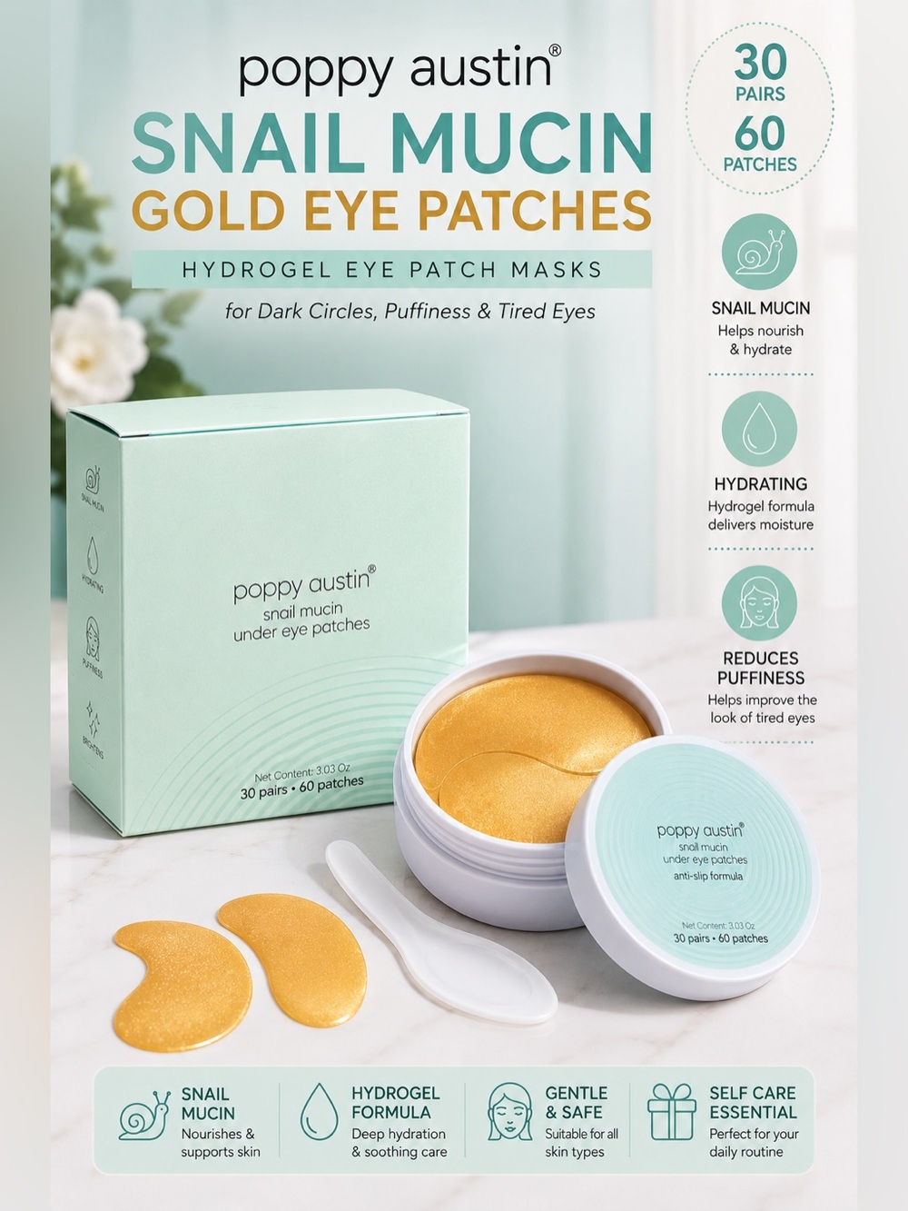 Gold Snail Mucin Hydrogel Eye Patches - Hydrating Under-Eye Treatment (Gold)